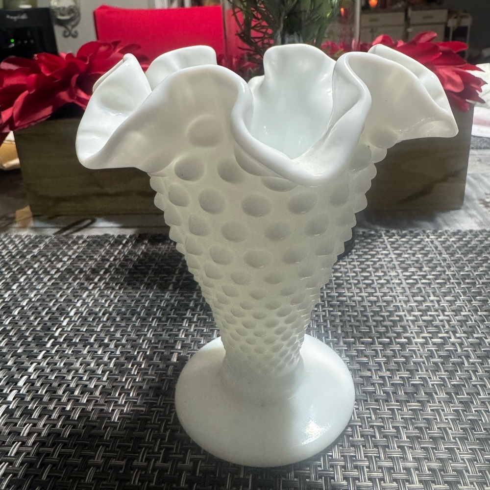 Vintage White Milk Glass Ruffled
Vase Hobnail